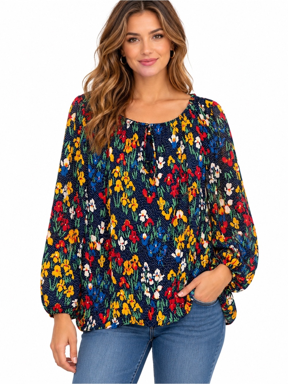 Tory Burch M Navy Multicolor Floral Peasant Blouse Sheer Sleeves Boho